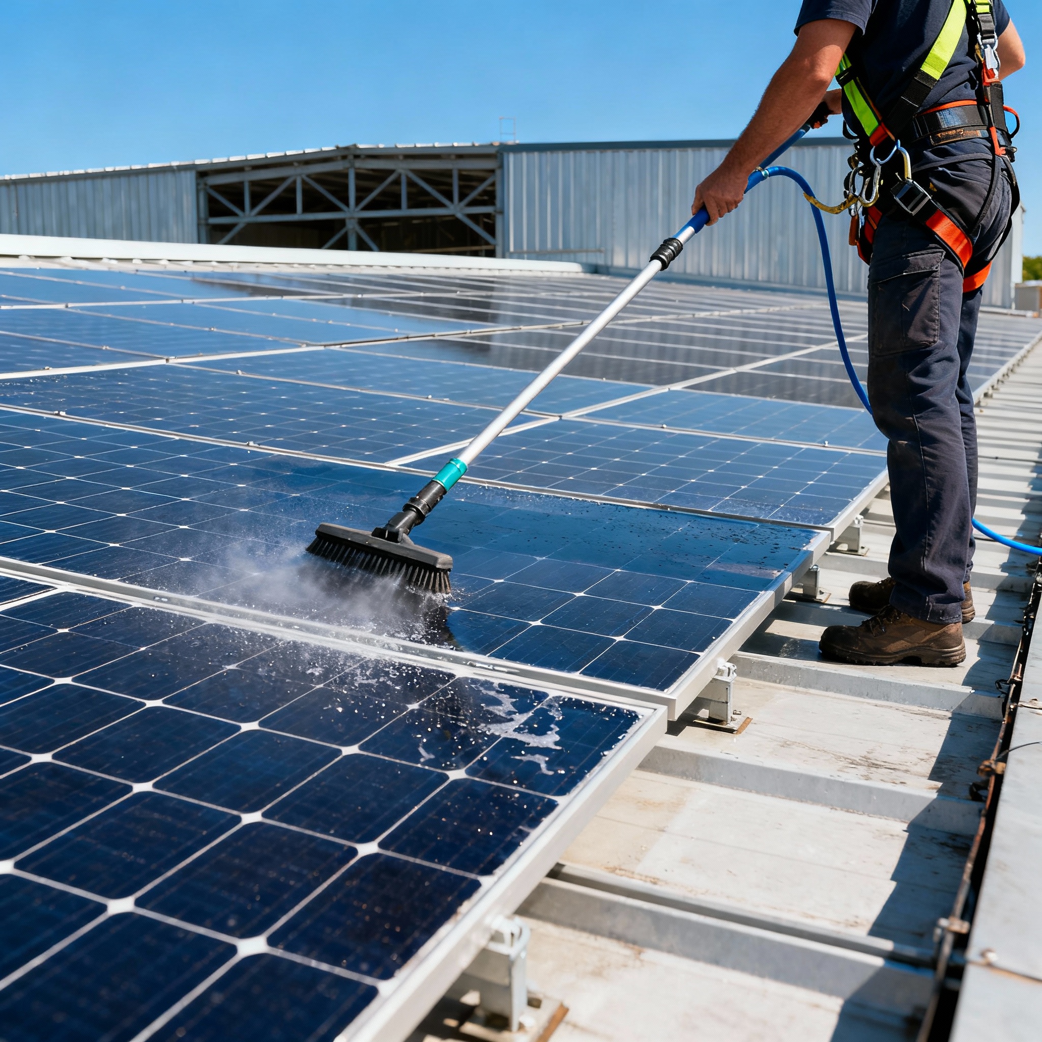 Limpeza de painéis solares em um estabelecimento comercial